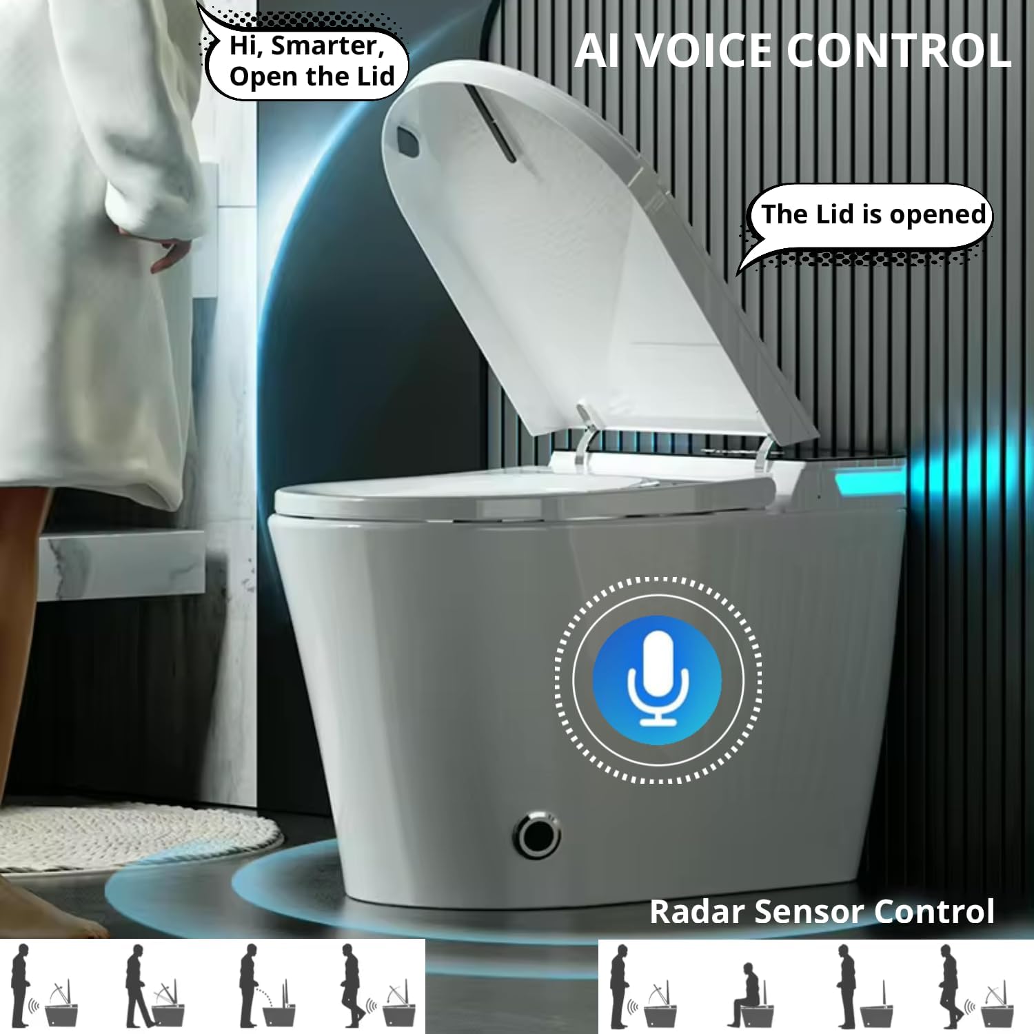 Electric Bidet Smart Toilet, Voice Control, Auto Open/Close Lid & Seat with Radar and Foot Sensor, Auto Flushing, 6 Modes Warm Water Wash, Dryer, Heated Seat, 20-year warranty. (TD-769EV)