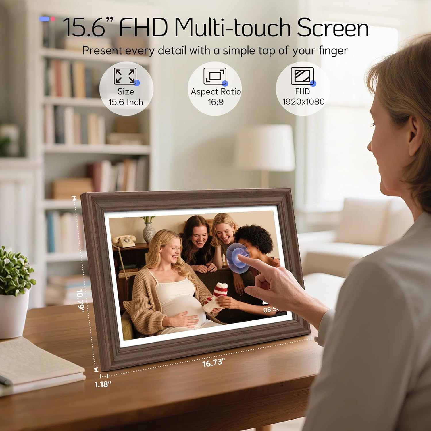 NexFoto Touchscreen Digital Picture Frame 15.6'', FHD WiFi Digital Photo Frame, Wood Electronic Frame 64GB, Add Pics from Google Photos, Share Photos/Videos, for Mom Christmas/Birthday, Walnut