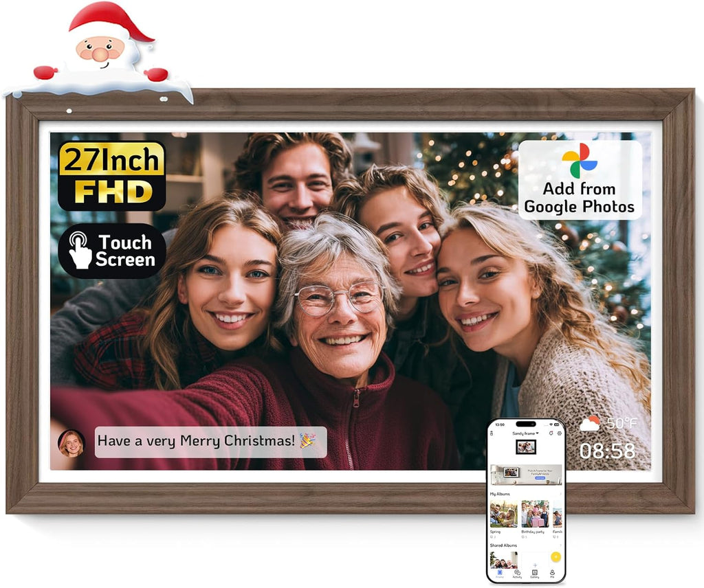 NexFoto Large Digital Picture Frame 27'' Touchscreen, WiFi Electronic Photo Frame 64GB 1920 * 1080 - Add Photos from Google Photos, Upload Videos, for Christmas/Housewarming/Mom/Birthday, Walnut