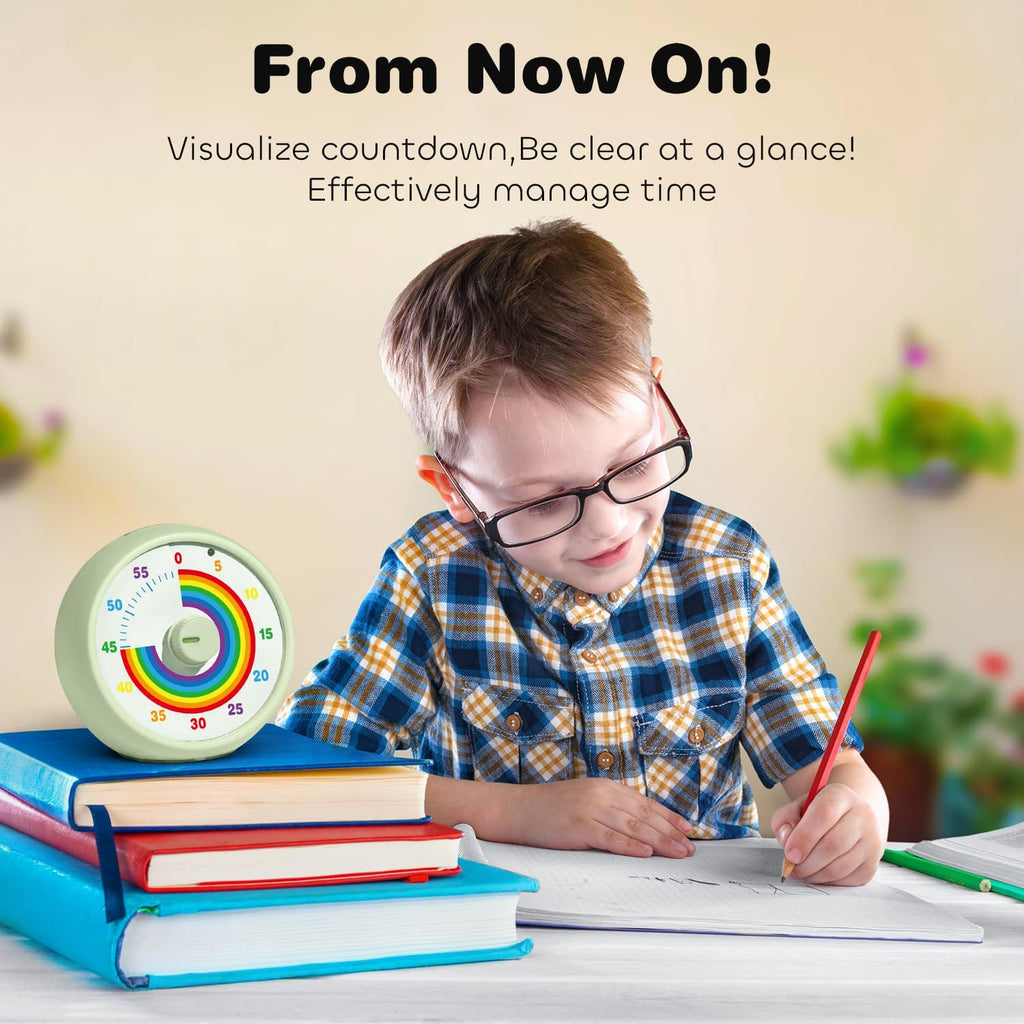 Visual Timer for Kids, 60-Minute Countdown Timer for Classroom Office Kitchen, Desk Timer Kids Time Management Tools with Silent Operation, Pomodoro Time Rainbow Pattern (Grass Green)