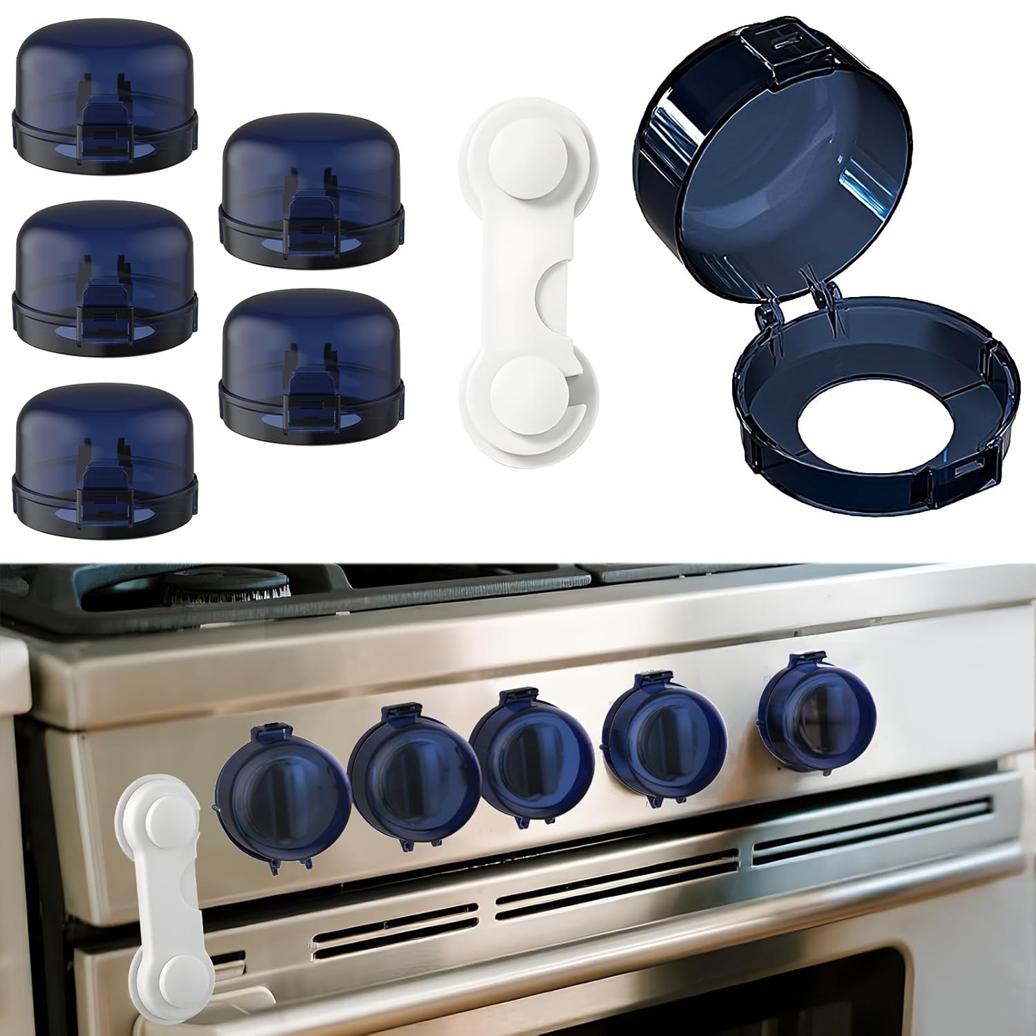 Stove knob Safety Covers for Child Upgraded Unlock Universal Size with Adult Two-Finger, Dual-Key Press Gas Stove Knob Locks Water Resistant Oil Resistant and High Temperature Resistant（5+1 Pack.）