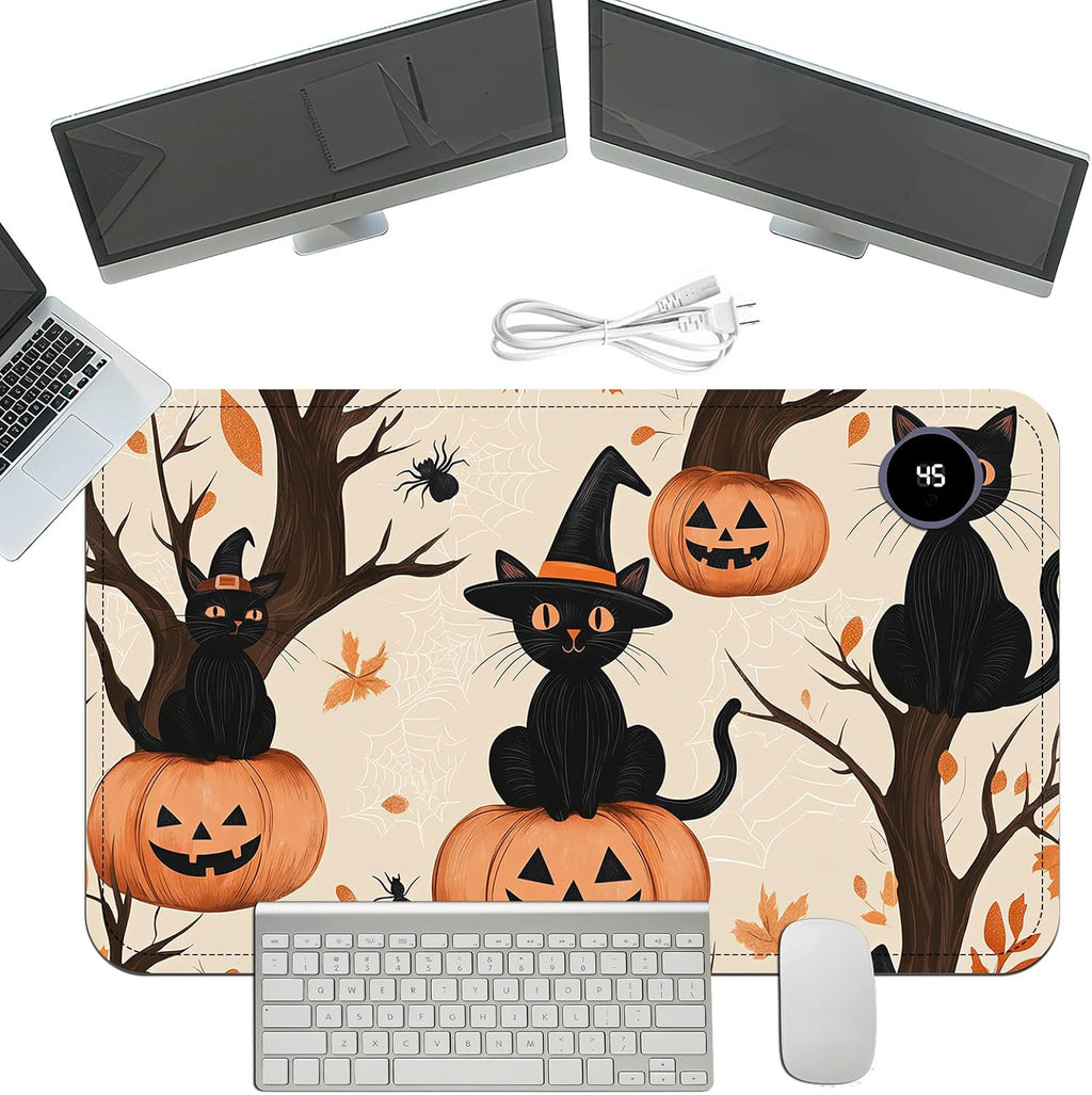 Heated Mouse Pad with 3 Temperature Settings(104°F–122°F),Large 24x14.2 Inch PU Leather Heated Desk Mat,Waterproof Warming Pad for Office,Gaming & Cold Hands Relief,Black Cats Pumpkins