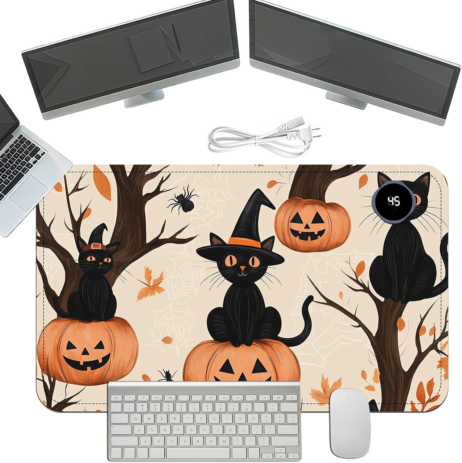 Heated Mouse Pad with 3 Temperature Settings(104°F–122°F),Large 24x14.2 Inch PU Leather Heated Desk Mat,Waterproof Warming Pad for Office,Gaming & Cold Hands Relief,Black Cats Pumpkins