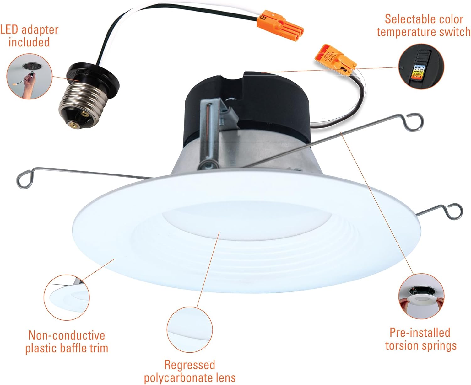 HALO 5 inch / 6 inch LED Recessed Light Trim with 5 Color Temperatures, Dimmable Baffle Can Lights for Ceiling, 6-Pack. 750 Lumens LT56079FS1EWHR6PK