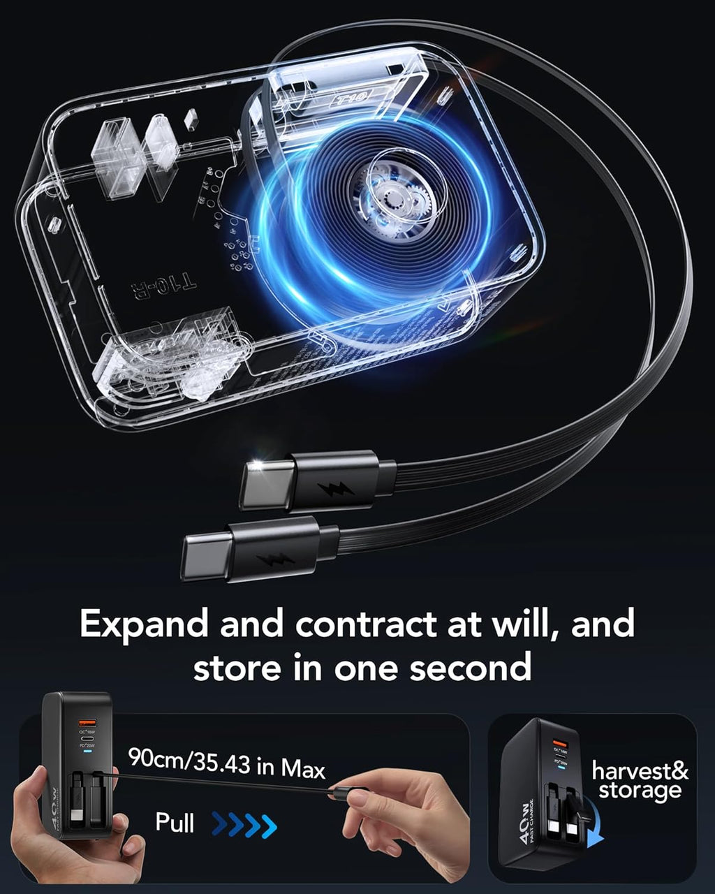 Retractable USB C Charger Wall Plug with Dual 35.5in/90cm Type C Cables Cords,40W Fast Charging Foldable Block Multi Charger for All Devices for iPhone 17/16/15/14/13/12,iPad,Galaxy,Pixel