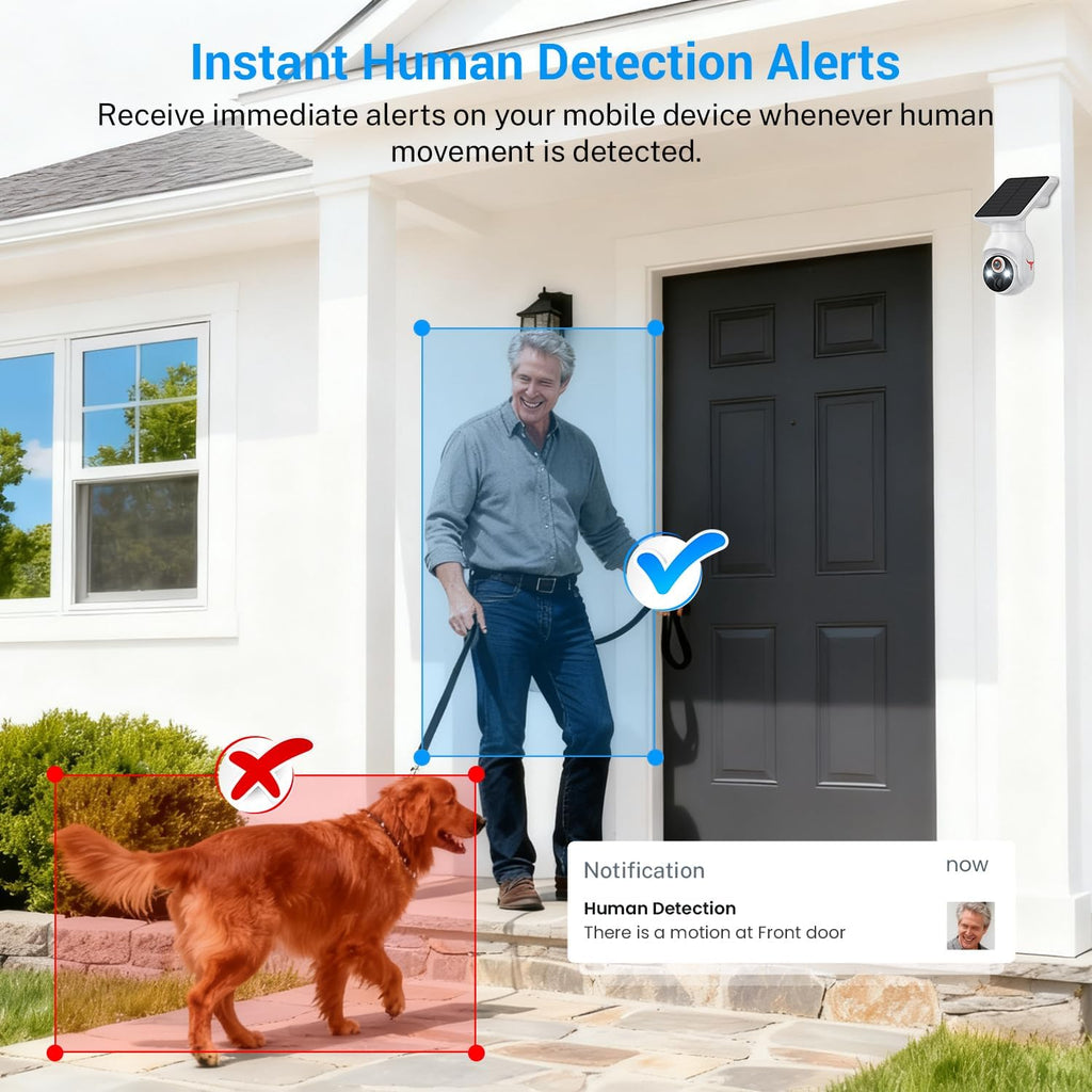 1080P Security Camera Wireless with Solar Panel, Smart AI Human Detection, 2-Way Talk, 360 Surveillance Cam, Color Night Vision, Real Time Alerts, 2.4G Wi-Fi, Cloud Storage (Sold Seperately)
