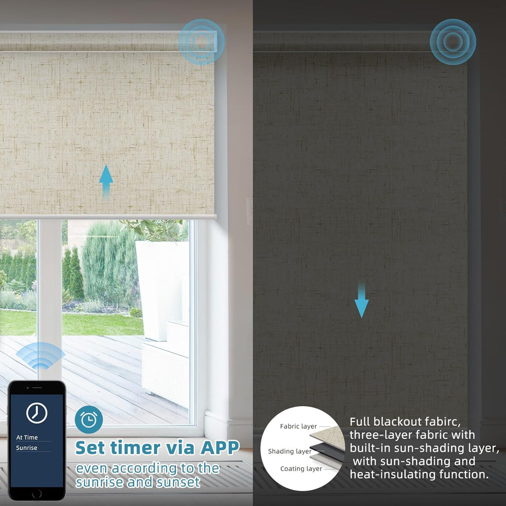 SmartWings Motorized Smart Blinds with Remote, Custom Automatic 100% Blackout Roller Shade Compatible with Alexa/Homekit/Google, Electric Smart Blinds for Indoor Windows, Linen Stone