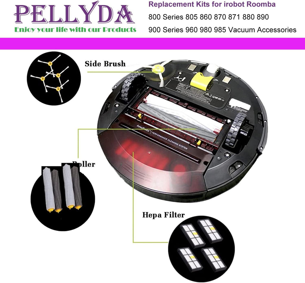 Replacement Parts for irobot Roomba 800 & 900 Series, Replenishment Kits for Roomba 800 850 860 861 866 870 880 890 900 980 985 Vacuum,(2 Sets Roller Brushes,4 Filters,4 Side Brushes)