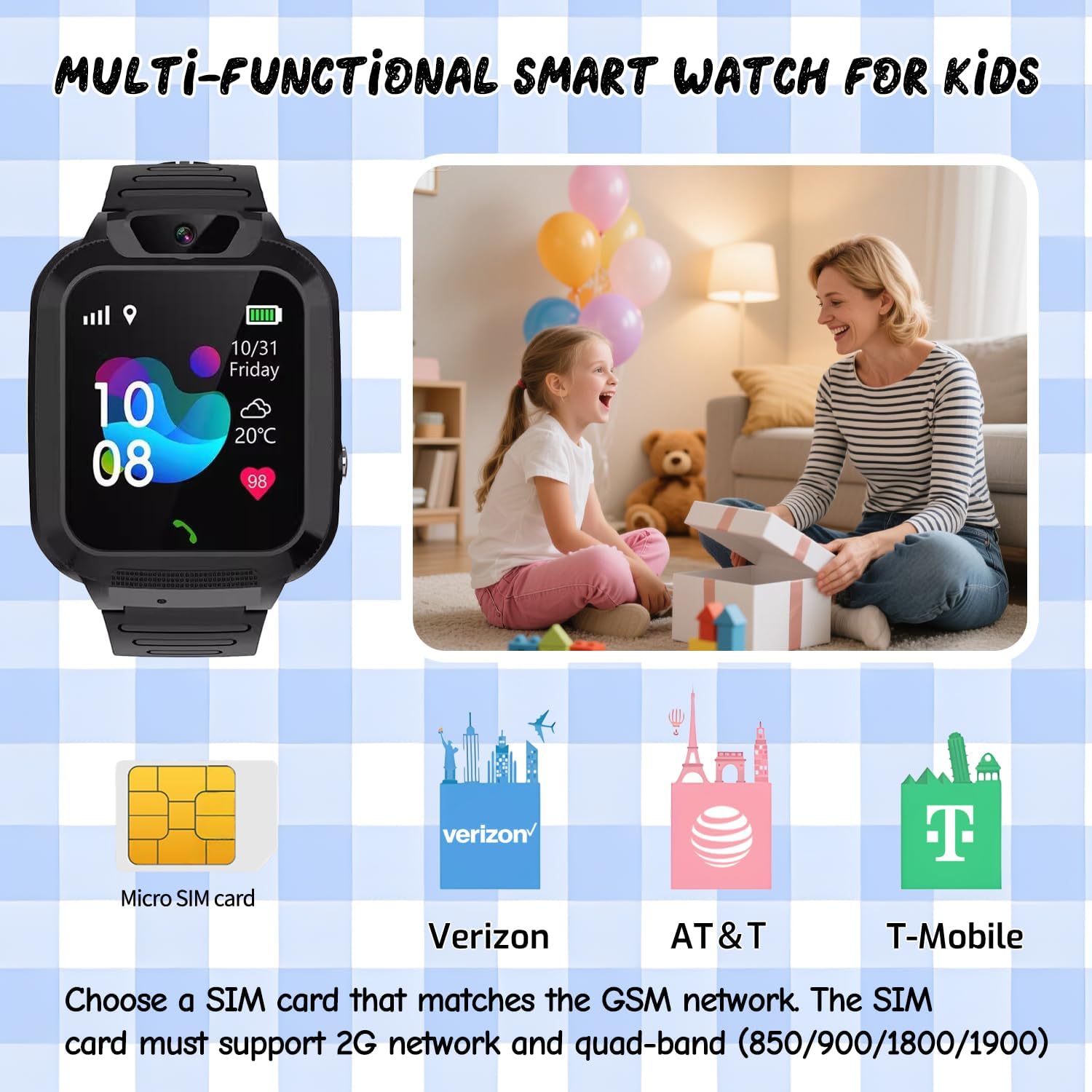 2G Kids Smart Watch, SOS Emergency Call, Video Calling, Waterproof Activity Tracker for 3-12 Years Girls/Boys - Birthday Gift Idea