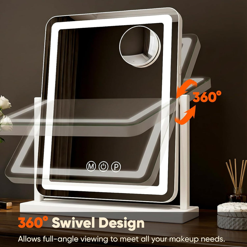 Antok Vanity Mirror with Lights, 13"X18" Lighted Makeup Mirror, Smart Touch, 3 Color Modes and Brightness Adjustable, LED Vanity Mirror with Detachable 10X Magnification, 360° Rotation for Makeup Desk