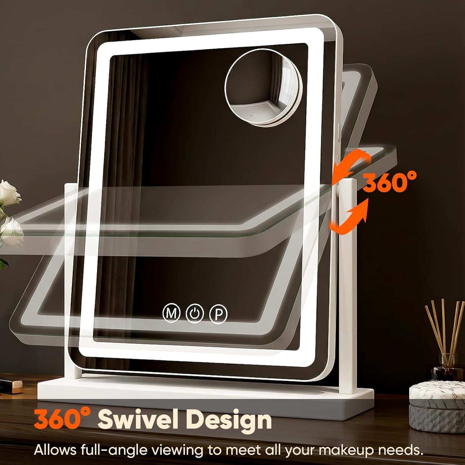 Antok Vanity Mirror with Lights, 13"X18" Lighted Makeup Mirror, Smart Touch, 3 Color Modes and Brightness Adjustable, LED Vanity Mirror with Detachable 10X Magnification, 360° Rotation for Makeup Desk