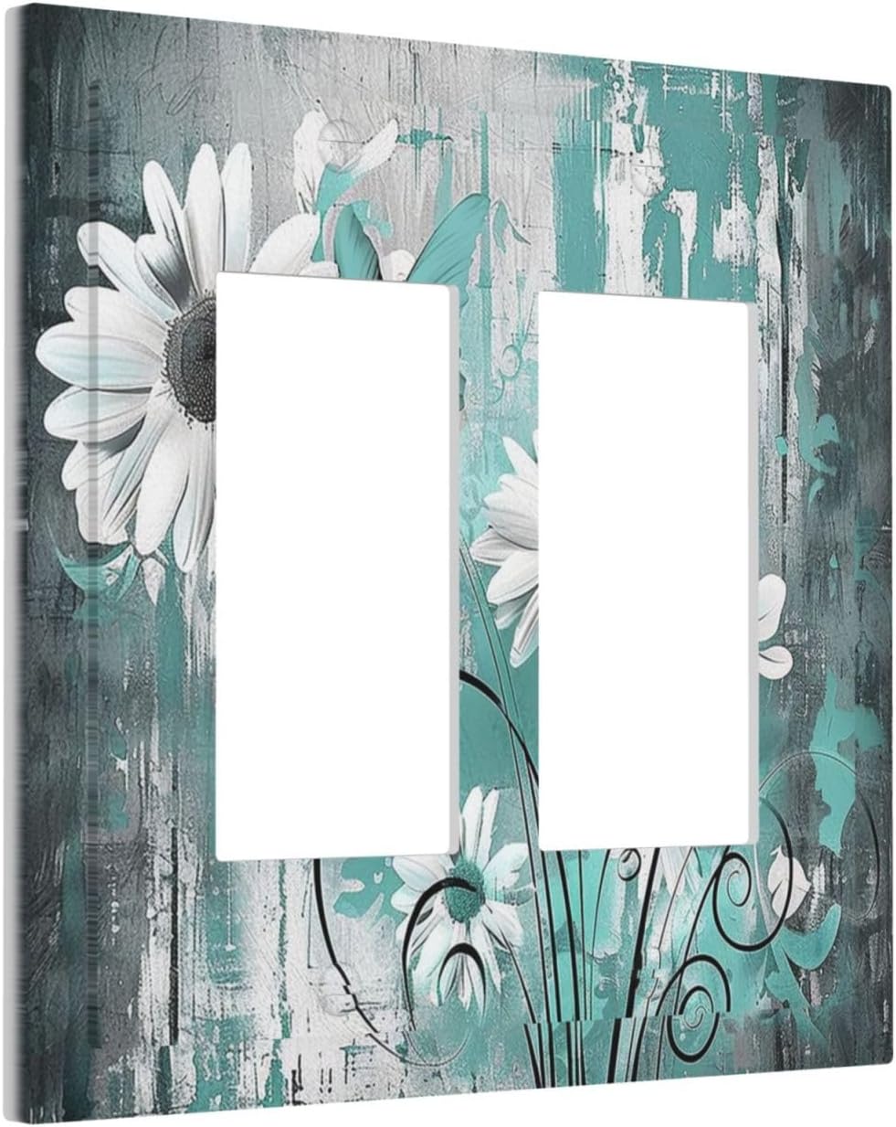 Decorative Outlet Covers Teal Daisy Floral Vintage Wood Plank 2 Gang Double Gfci Rocker Electrical Wall Panels Light Switch Cover Plate For Farmhouse Cabin Decor