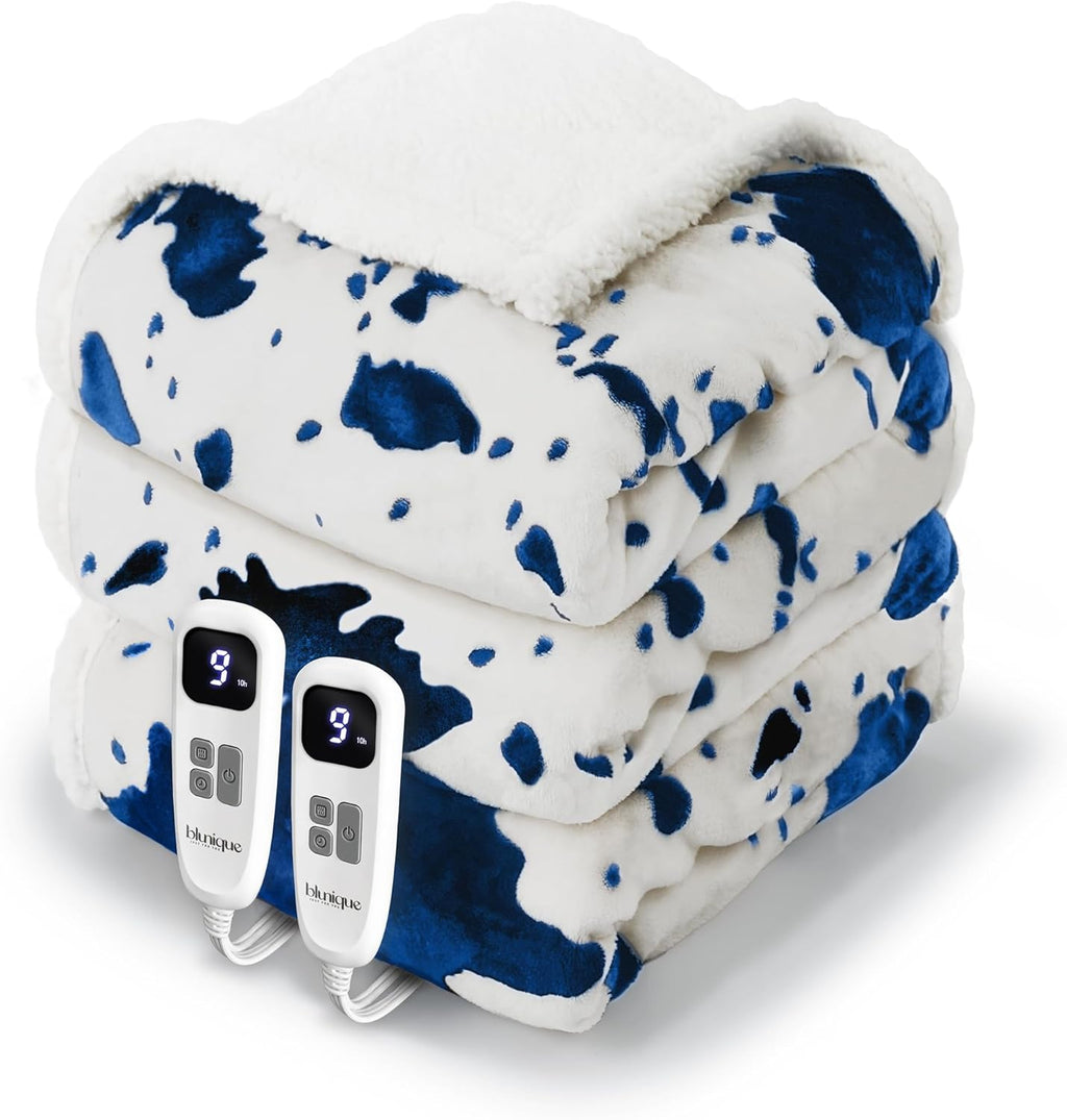 Cow Print Electric Heated Blanket Queen-Dual Control Heating Blanket Queen Size with 10 Heat Levels & 10 Hours Auto-Off, Cozy Soft Fleece Sherpa, Washable, 84x90 Inche Cow Print Blue