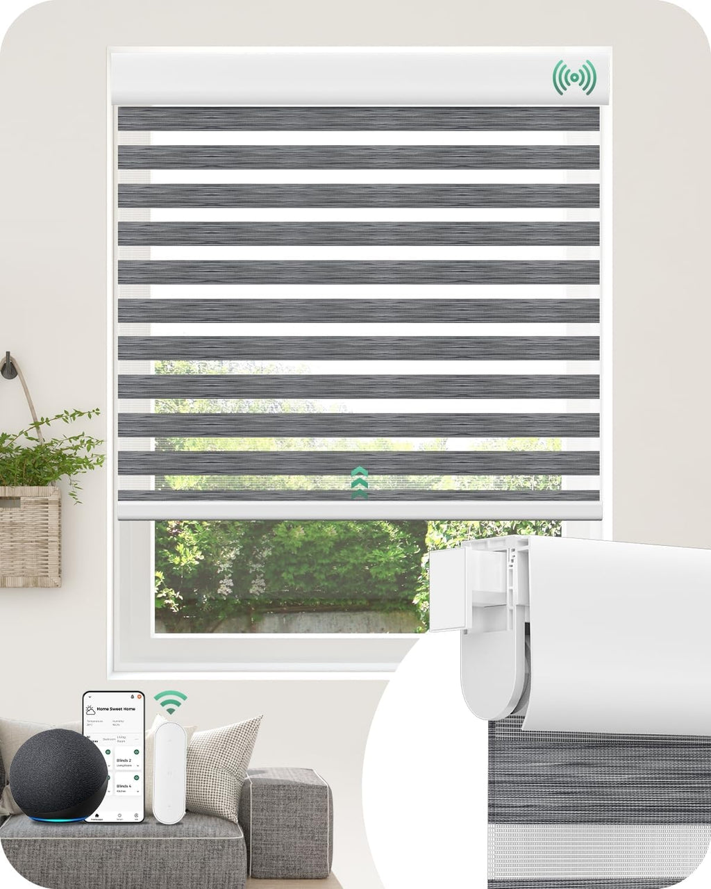 Allesin No Drill Motorized Zebra Blinds – Rechargeable Smart Dual Layer Shades with Cassette Cover, Ultra-Quiet Motor, Automatic Blind with Remote for Indoor Windows (Rock Gray 34.5" W x 72" H)
