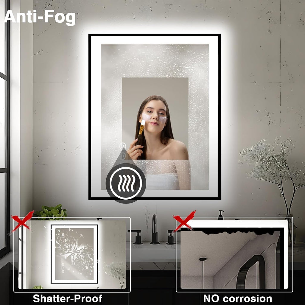 28x32 LED Bathroom Mirror - Black Aluminum Framed,Front and Backlit,Anti-Fog Framed Bathroom Vanity Mirror,3 Color Stepless Dimmable Lighted Smart Mirror(Horizontal/Vertical)