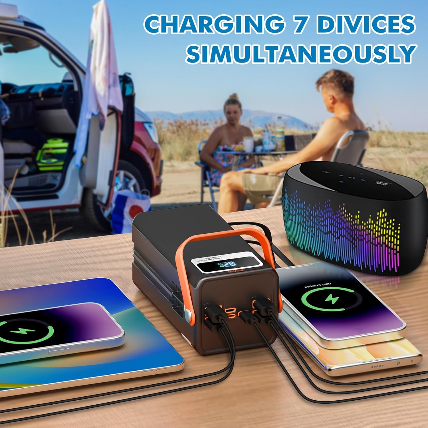 Portable Power Station 166Wh, 22.5W Fast Charging Power Bank with Built-in Cables for iPhone/Android/MacBook, 45000mAh Battery Solar Generator with LED Light for Camping & RV, Home, Travel