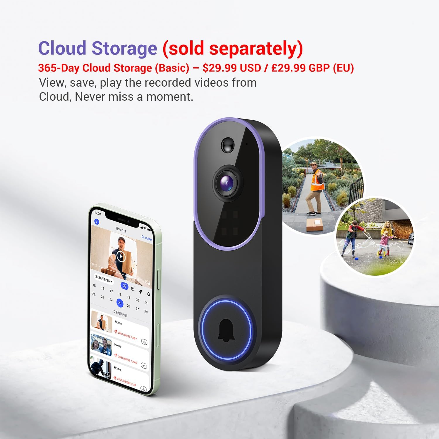 1080P Smart Video Doorbell Camera with Motion Detection, Night Vision, Cloud Storage, Two-Way Talk, Battery Powered, Home or Business Security, 2.4GHz Wi-Fi(Excluding Receiver)