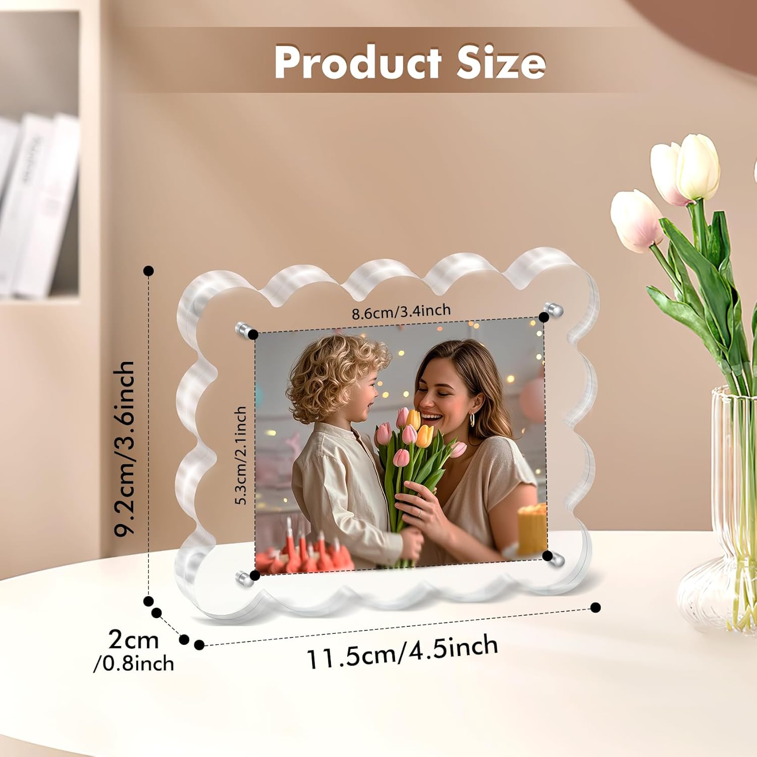 Acrylic Photo Frame 2×3inch - 3Pack Magnetic Picture Frames with 10+10mm Thick Block, Scalloped Edge Design, Double-Sided Magnet Frames for Modern Desktop Display (Clear, 2x3)