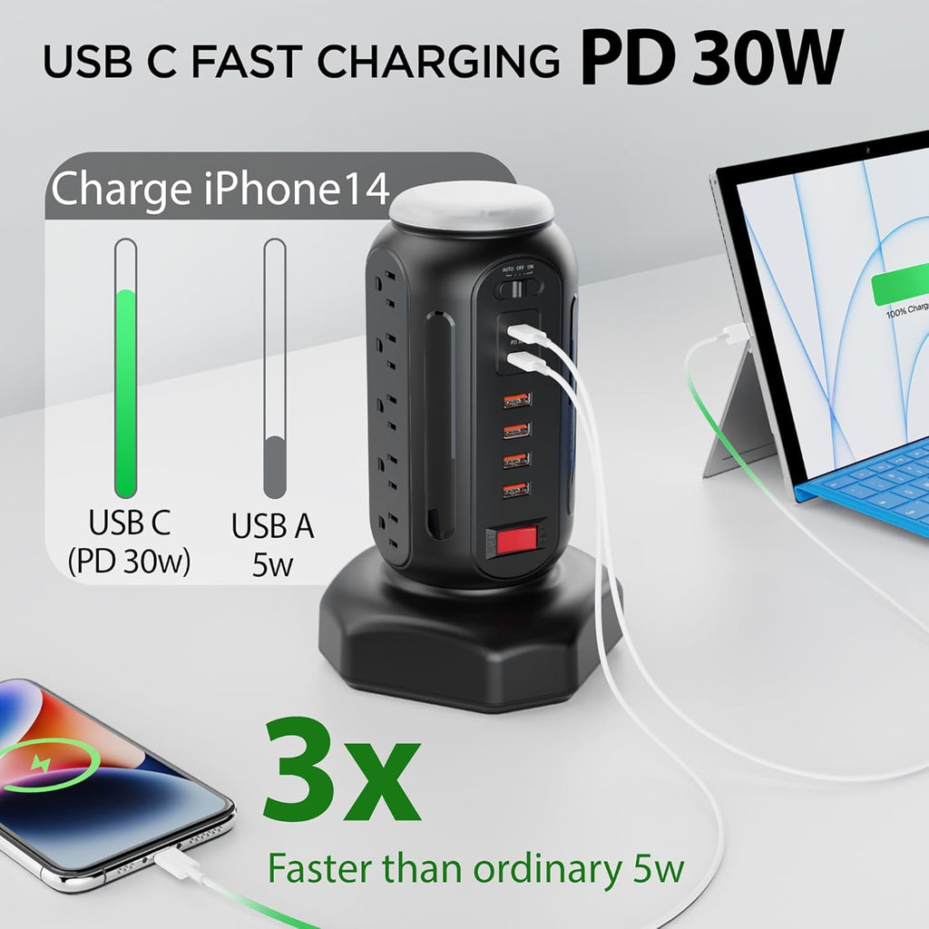 PD 30W Fast Charging Power Strip, with Surge Protector, RGB Night Light, 15 Outlets Power Tower, 2 Type C and 4 USB Ports, Space Saving, Retractable Extension Cord 6.5ft for Home (Black)