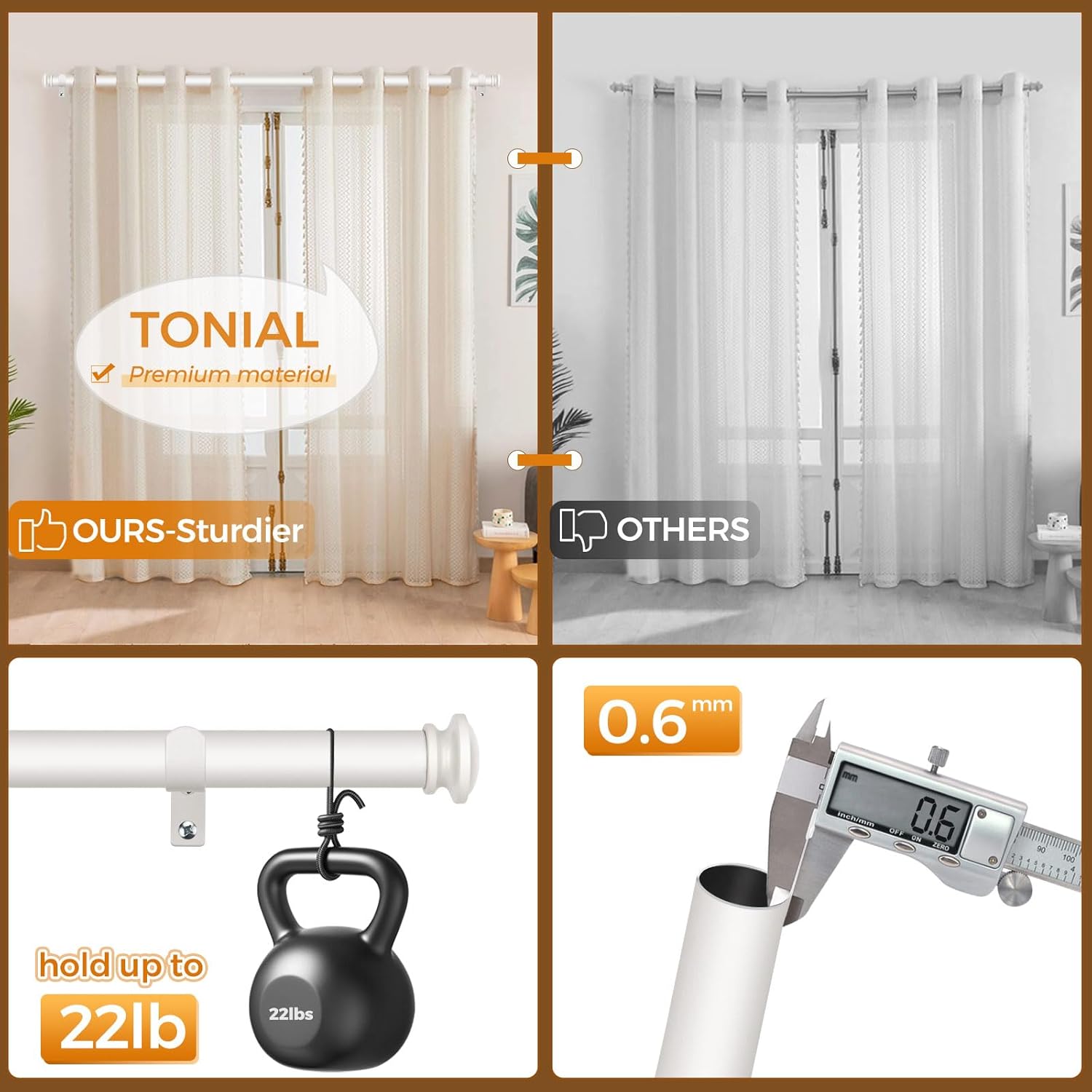TONIAL Curtain Rod 32 to 115 Inch, Telescoping Splicing 3/4 Drapery Rods for Windows Decorative Single Rod with Small Cap End, Warm White