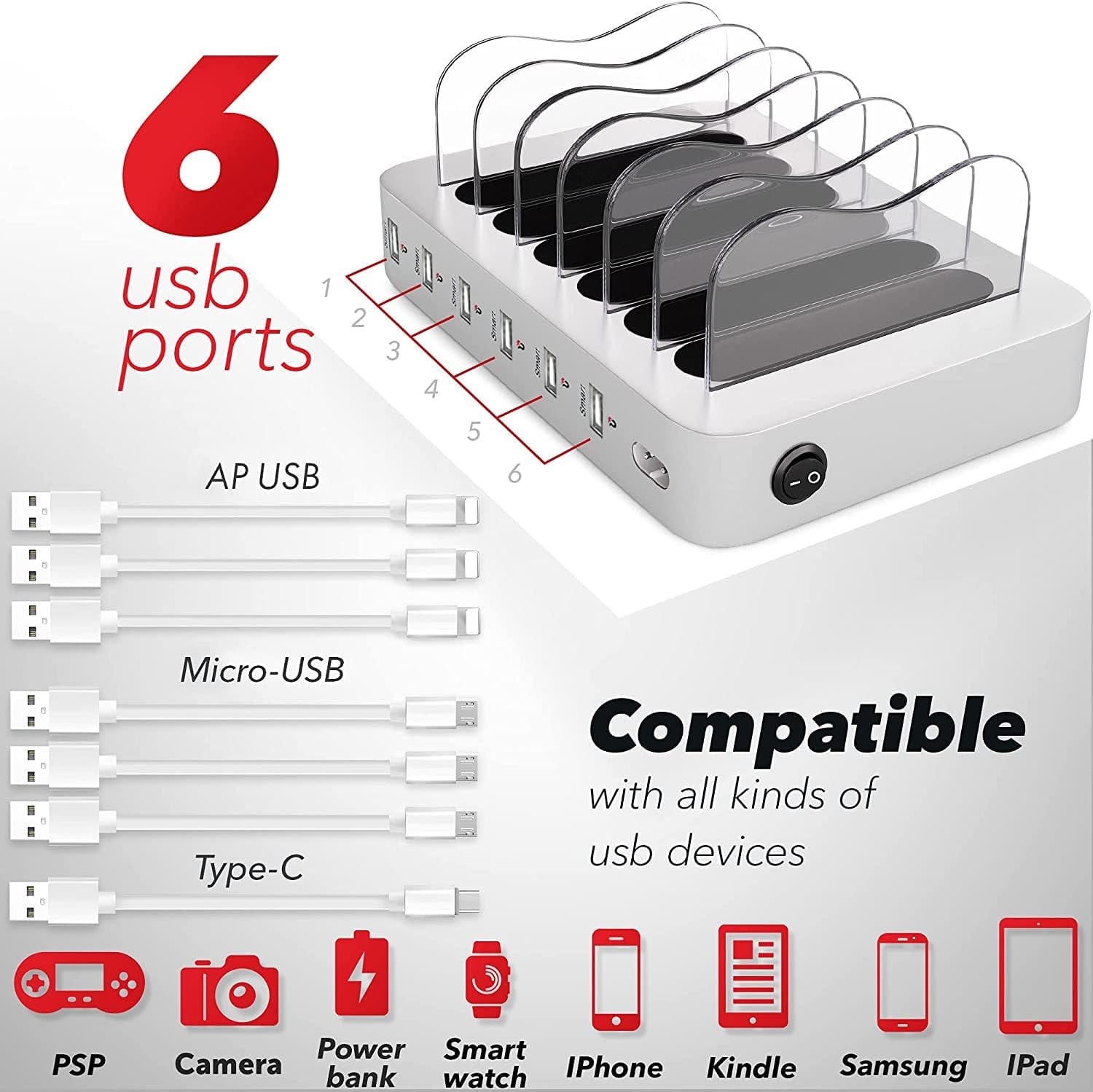 USB Charging Dock - 6-Port Universal Charging Station for Multiple Devices - Multi Device Charger Station - Compatible with Apple, iPad, iPhone, and Android Cell Phones and Tablets