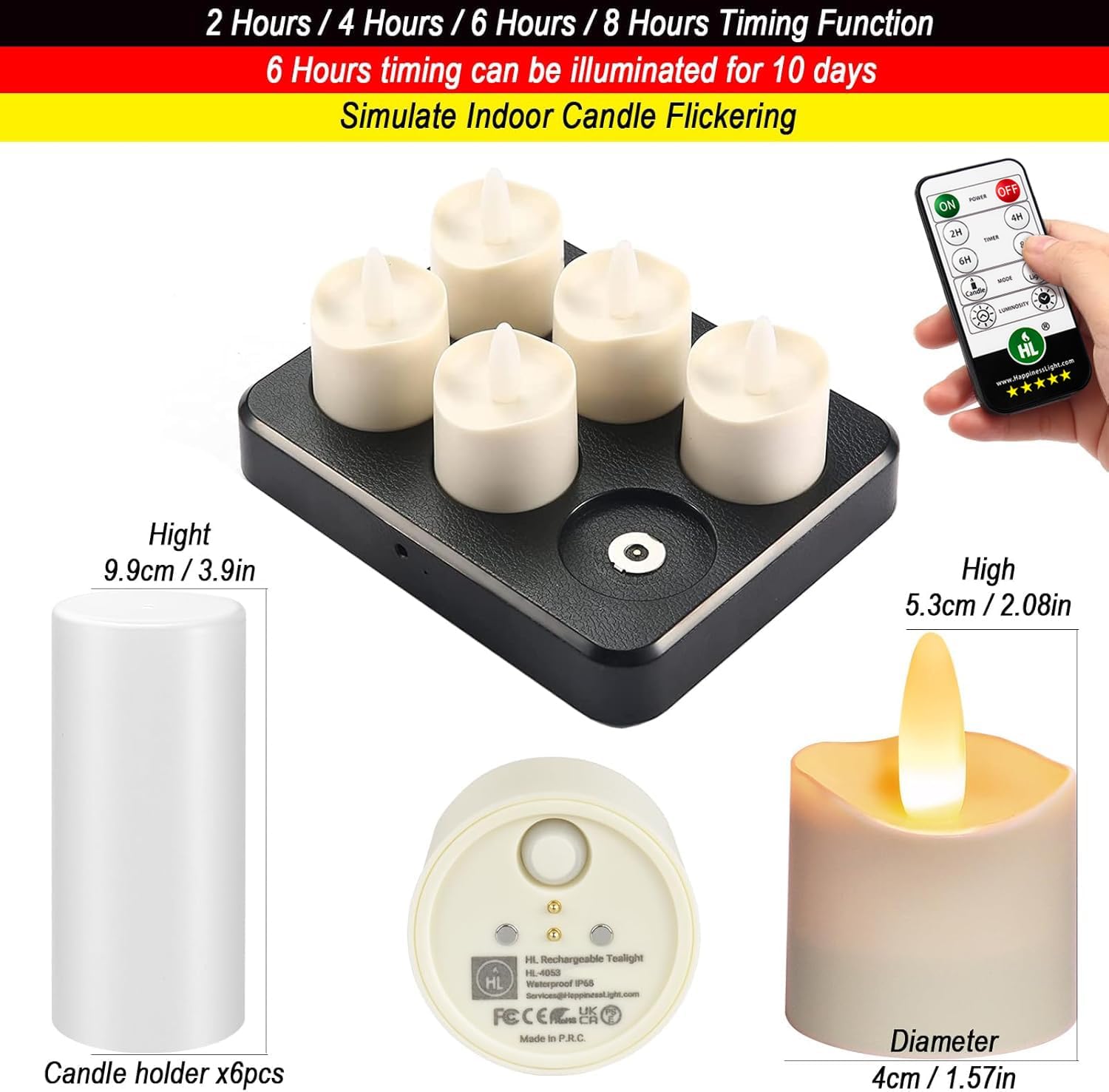 HL Flameless Candles with Remote Timer, 100+Hours Rechargeable Waterproof Outdoor Candles Tea Lights with Charging Base, Warm White LED Votive Floating Tealights for Festival Wedding Party Decor-6pc