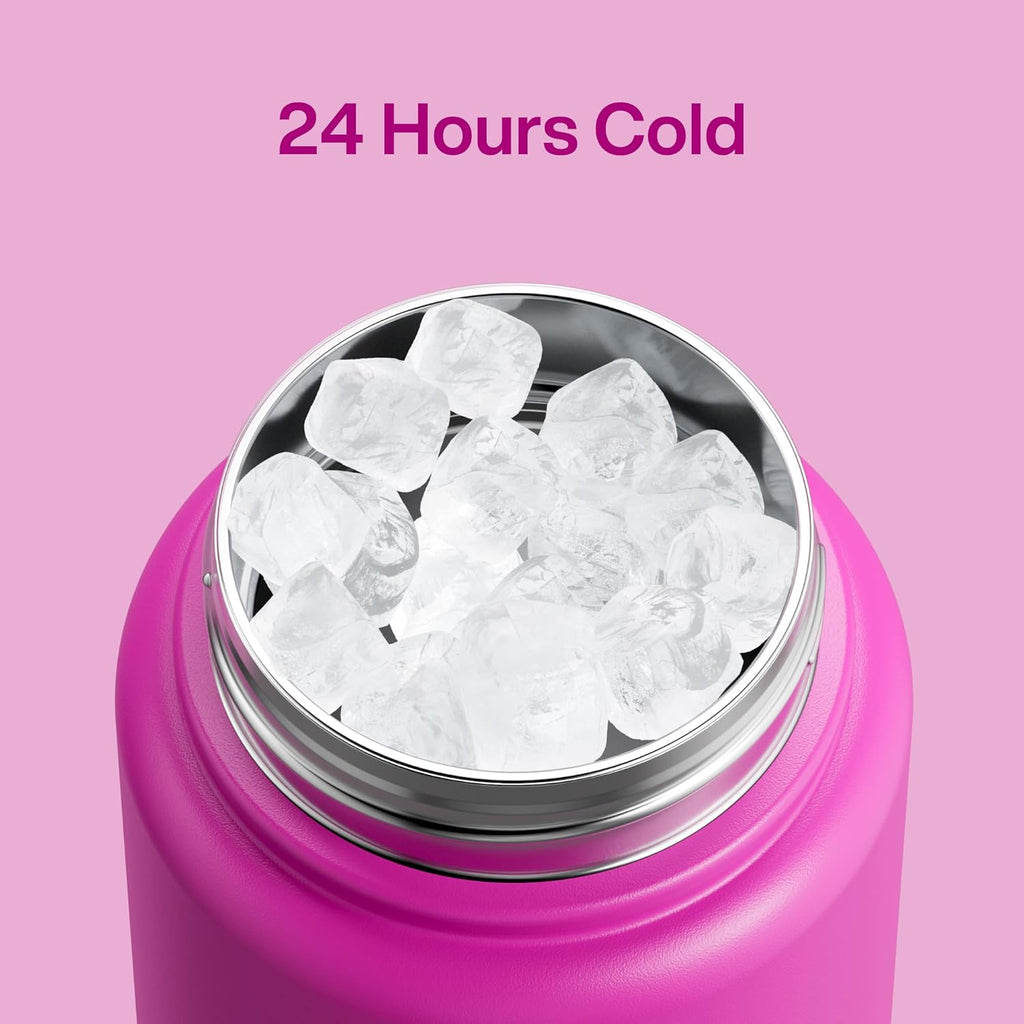 ENCOOL Insulated Water Bottle with Straw Stainless Steel Water Bottle, Leak-Proof, BPA-Free, Double Wall Vacuum Keeps Cold for 24 Hours for Sports, Travel, School (32 oz, Knockout Pink)