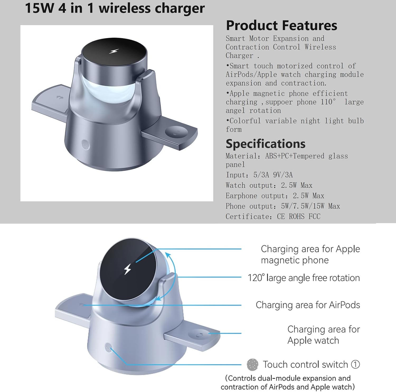 Smart iPhone Charger 4 in 1 Wireless Charging Station for iPhone, Apple Watch & AirPods – Motorized Expandable Dock with 110° Rotation, 15W, RGB Night Light, CE/FCC Certified