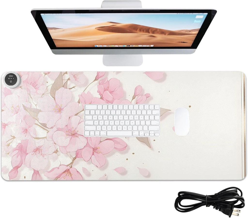 Large Heated Mouse Pad,Leather Desk Mat,31.5"x13",Hand Warmer Pads for Desk,Sakura（Pink White）