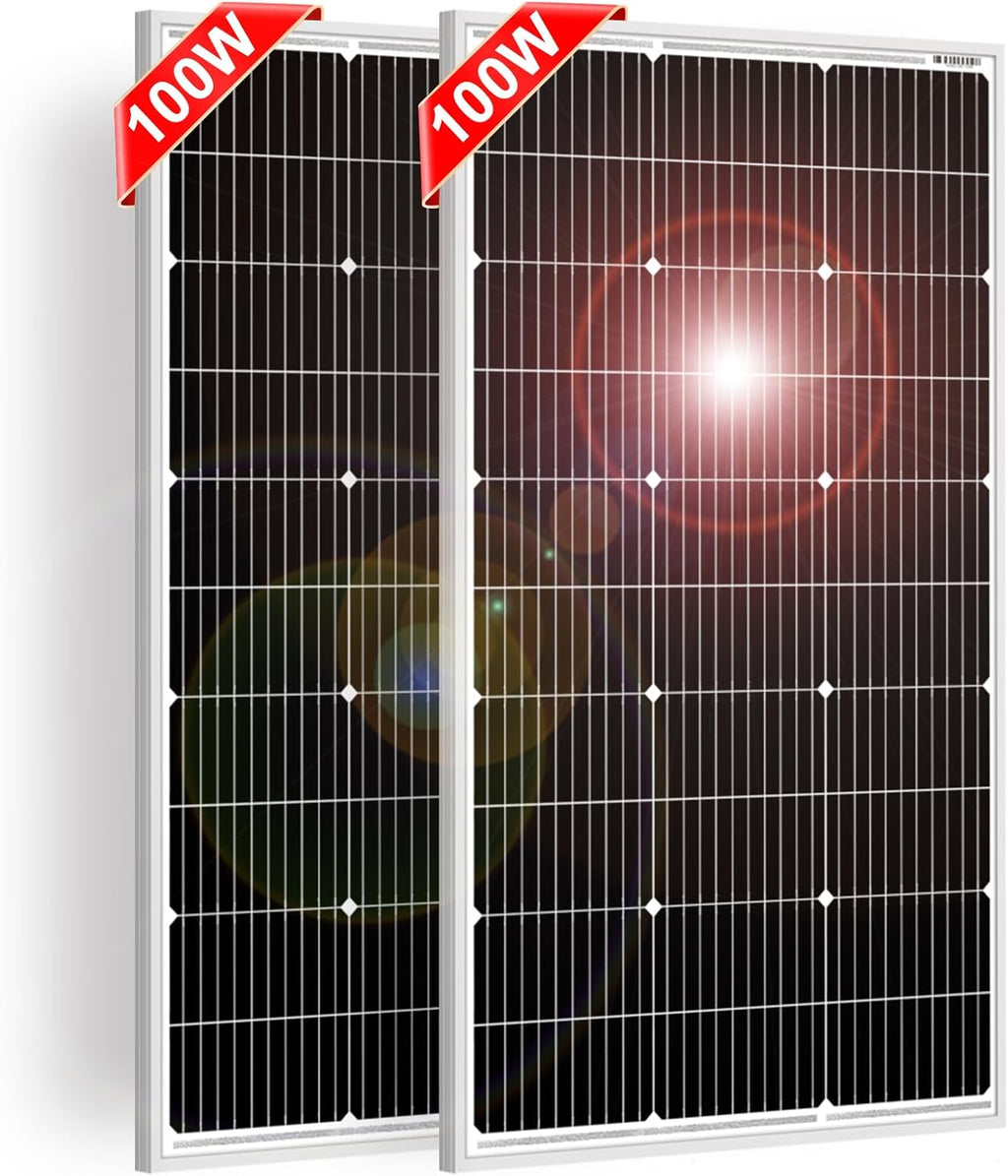 DOKIO 100W 18V Solar Panel 2-Pack for 12V Battery Charging, Monocrystalline Glass Modules with Aluminum Frame, MC4, Pre-Drilled Holes, Series/Parallel for RV, Boat, Roof, Off-Grid Systems