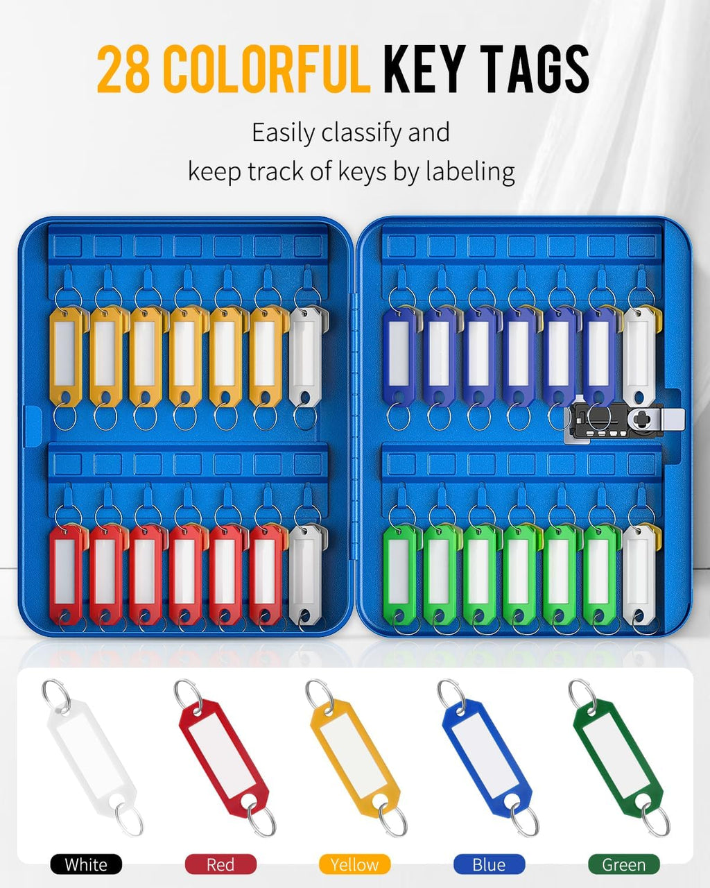 Uniclife 28 Keys Steel Key Cabinet with Resettable Code Blue Wall Mounted Key Organizer with Combination Lock Digital Security Box with Hooks and Large Key Tag Labels Identifiers in 5 Assorted Colors