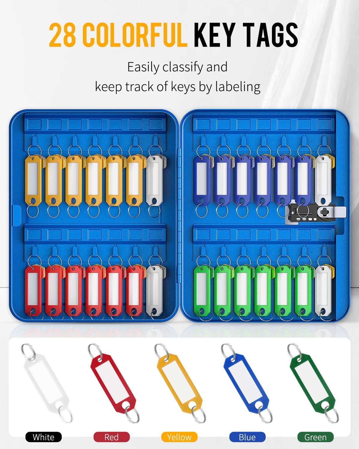 Uniclife 28 Keys Steel Key Cabinet with Resettable Code Blue Wall Mounted Key Organizer with Combination Lock Digital Security Box with Hooks and Large Key Tag Labels Identifiers in 5 Assorted Colors