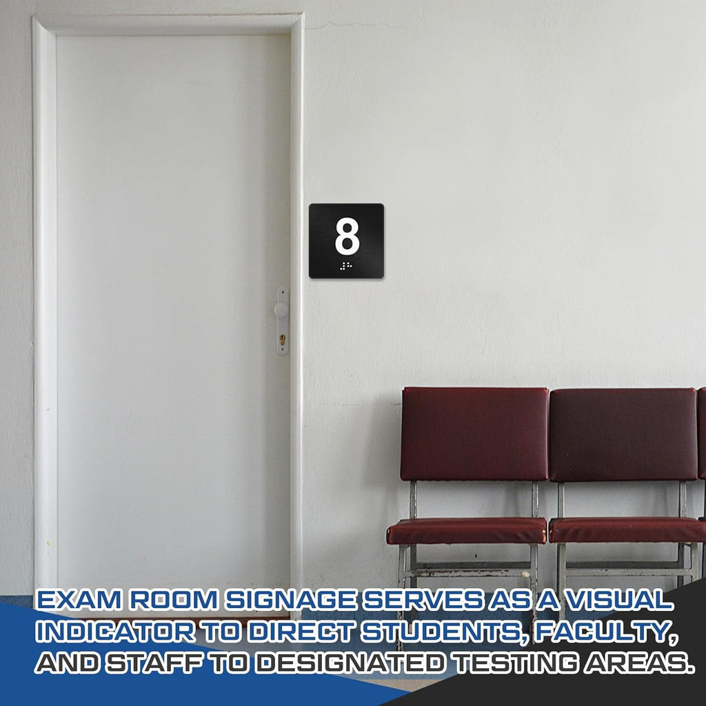 Exam Room Sign with Braille and Tactile 4" x 4" Identification Signs Numbers for Exam Rooms Offices Educational Institution Directional Assistance Test Center (Black/white,Numbers 6-10)