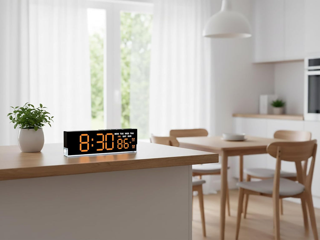 zyzamay 7-Inch Modern LED Digital Alarm Clock with Dual Alarms & Soft Bottom Light｜Displays Time, Date, Day, Temperature｜3-Level Auto/Manual Brightness,DST, USB or Battery Powered Desk Clock,Orange