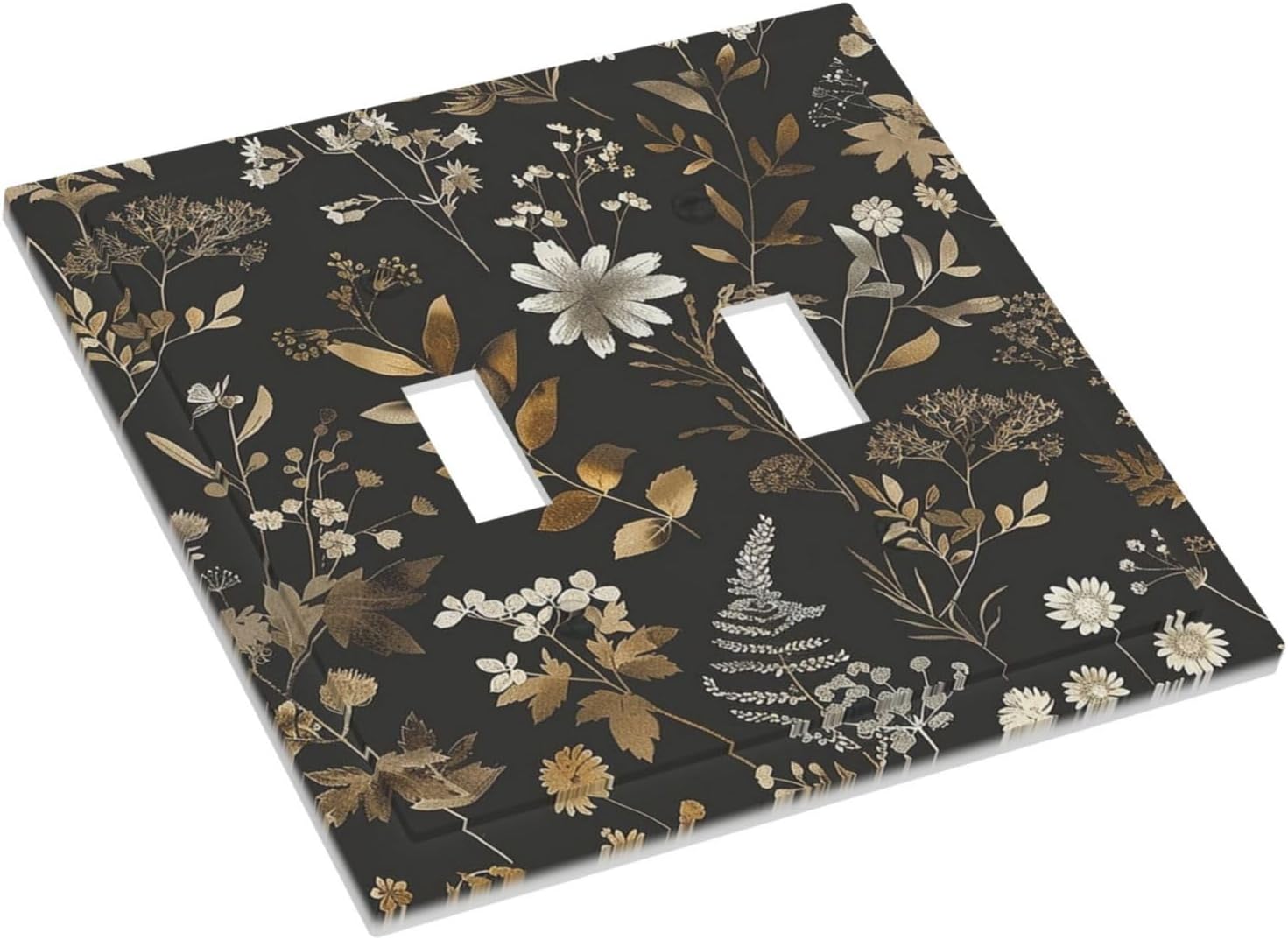Decorative Switch Plates Black Gold Floral Dark Leaves Vintage Flowers 2 Gang Double Toggle Outlet Light Switch Cover Wall Plate Electrical Faceplate for Bed Room Home Decor