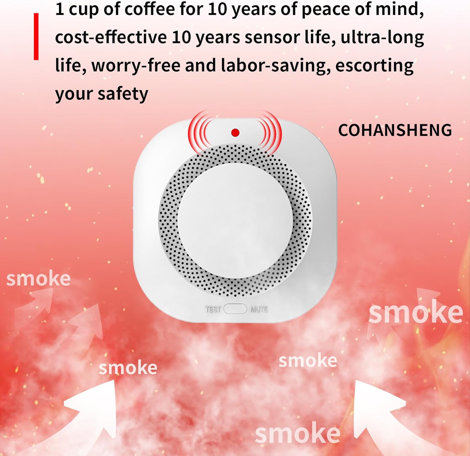 COHANSHANsmoke Detector,Smoke Alarm,fire Alarms Smoke detectors,(Sensor Life of 10 Years) complies with UL Certification,fire Alarm,Smoke detectors,360°Intelligent Detection,Wireless Installation (2)
