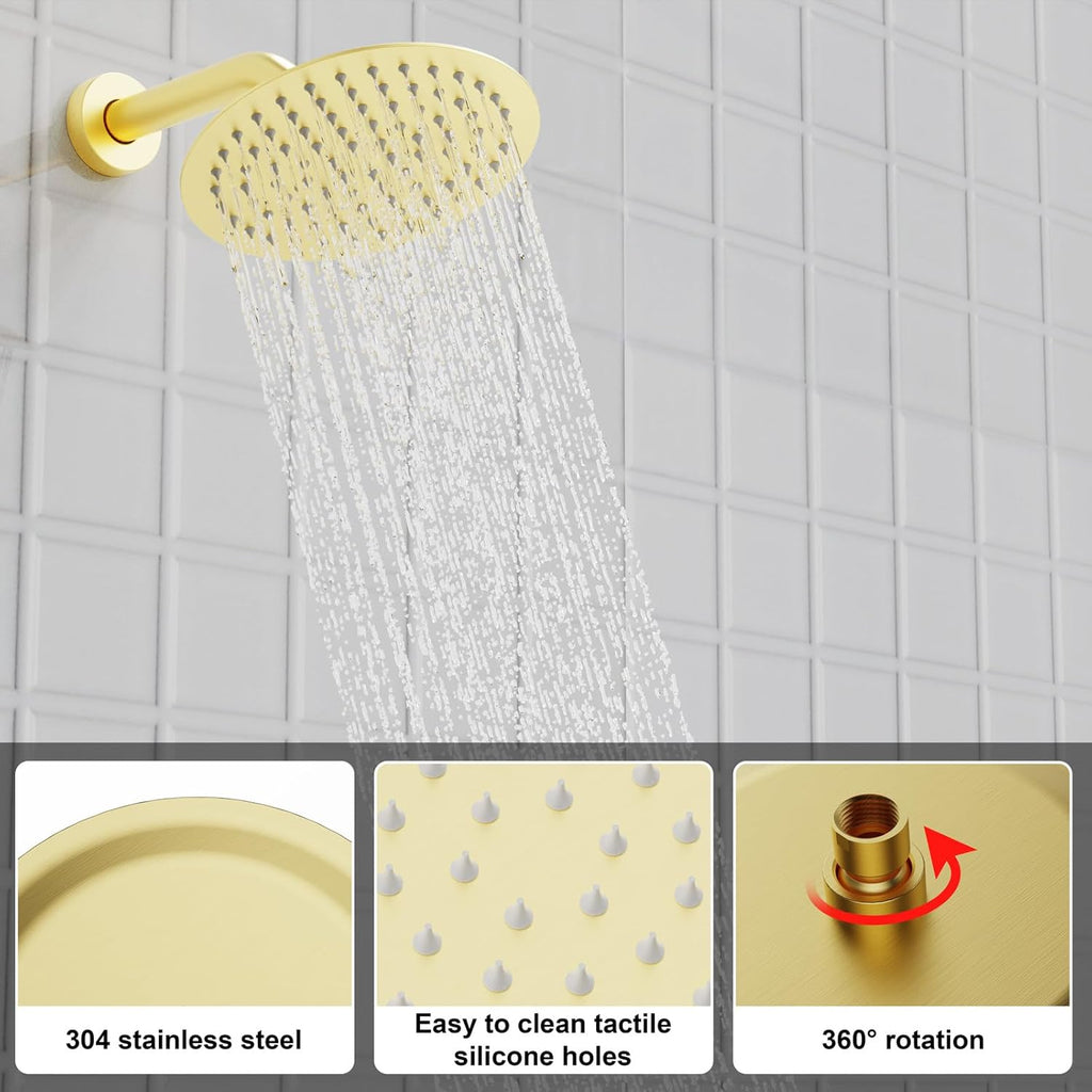 Shower Faucet Set Brass 8IN Rough-In Valve Body Trim Kit Rainfall Included Handle Accessories Complete 2 Functions with Rain Head and Handheld Bathroom Systems (8‘’, Brushed Gold)