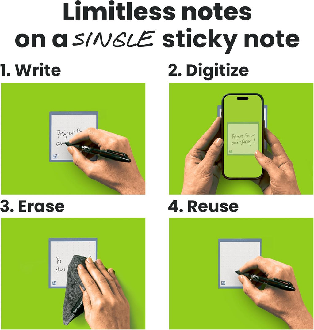 Rocketbook Reusable Sticky Notes, Restick and Reorganize Memo Pads, 3"x3", 16 Multi-Colored and 15 Black Sticky Notes, Includes Pen, Towel + Carrying Case (Kit of 2)
