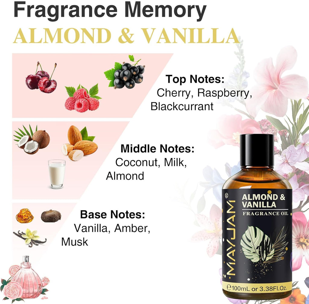Almond & Vanilla Fragrance Oil Essential Oil, MAYJAM 3.38FL.OZ Almond & Vanilla Oil for Diffusers for Home, Long Lasting Scented Oils for Soap Candle Making - 100ML