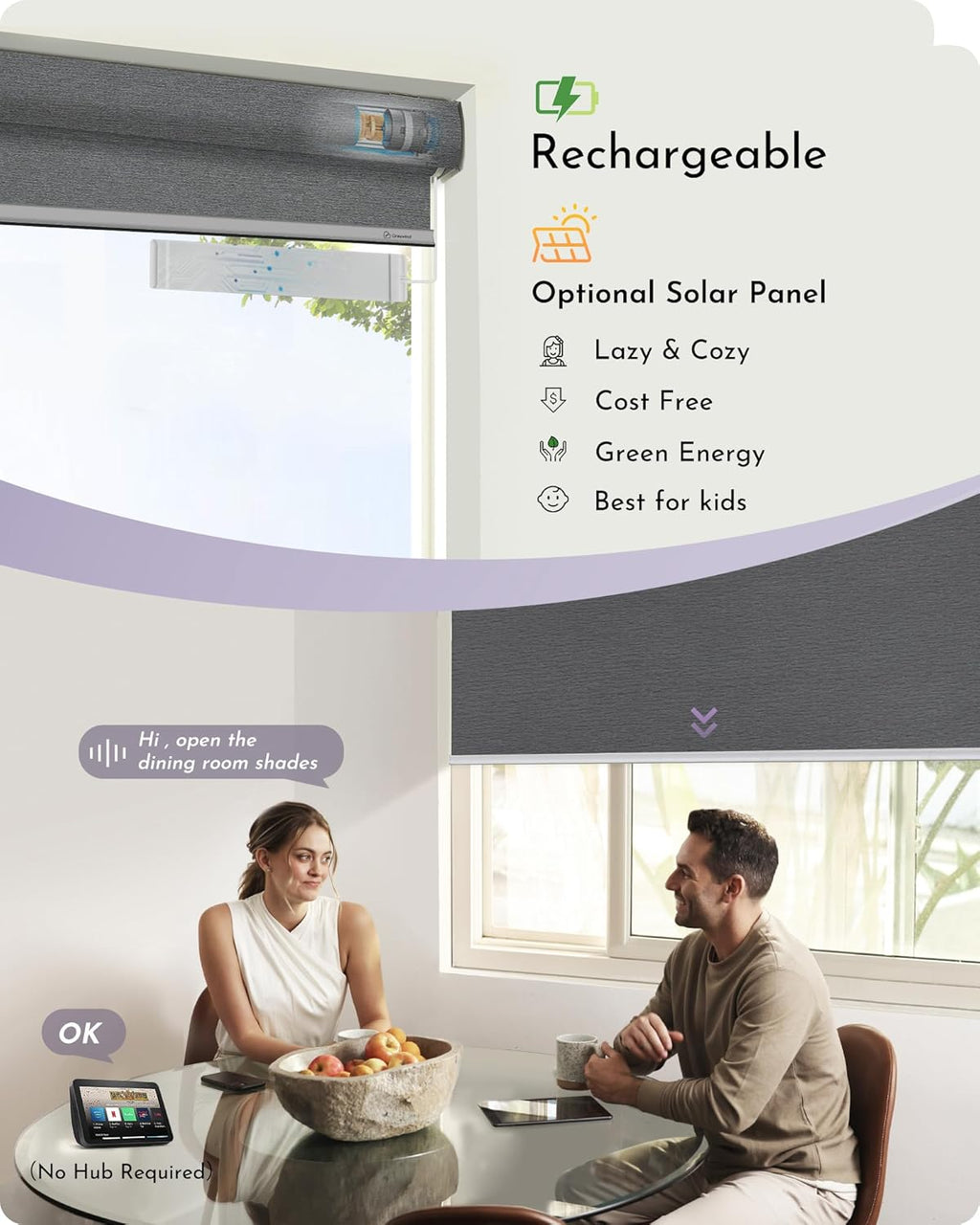 Graywind Smart Blackout Roller Shades Work with Alexa Google Textured Fabric Rechargeable Motorized Blinds Cordless Remote Control Window Shades, Custom Size (Frequency Nero)