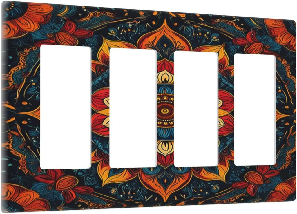 Boho Colorful Mandala 4 Gang Wall Plates Outlet Covers Quad Rocker Light Switch Cover Plate Decorative Switch Plates GFCI Electrical Faceplate for Bathroom Bedroom Decor 4.5 X 8 IN