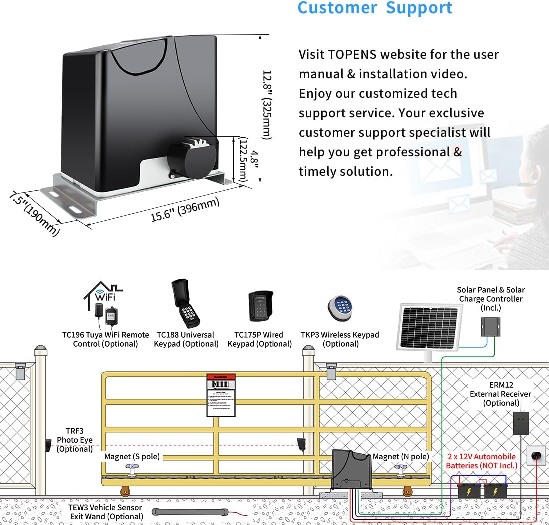 TOPENS DK1000S Solar Sliding Gate Opener Rack Drive Automatic Gate Motor for Heavy Driveway Slide Gates Up to 1800 Pounds, Electric Gate Operator Battery Powered with Solar Panel Remote Control Kit