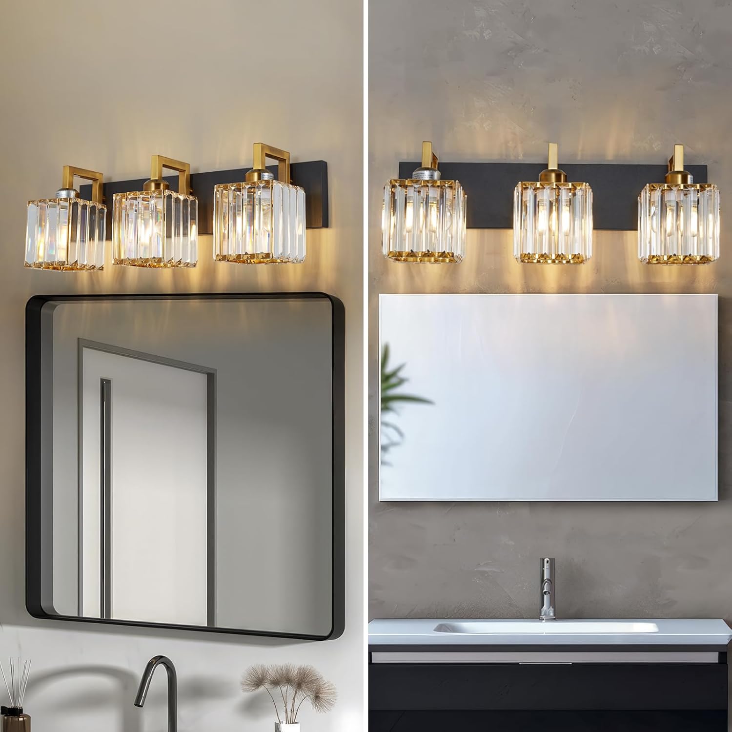 Modern Bathroom Vanity Light 3-Lights Black Gold Crystal Wall Lamp Bathroom Modern Crystal Vanity Lighting