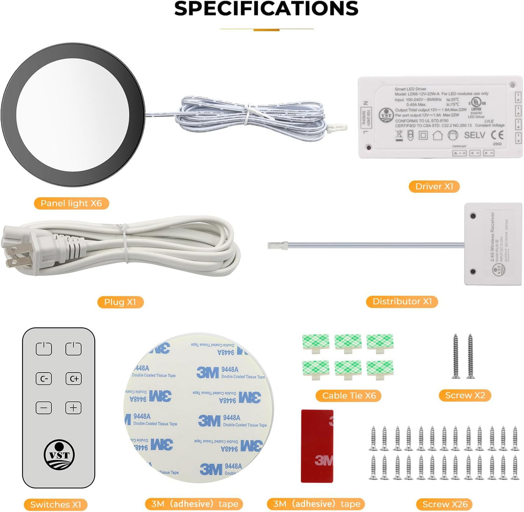 VST Under Cabinet Mini Panel Lighting 3.94inch 12V 2.5W(Total 15W) with Wireless Dimmer Switch, Surface Mount Puck Light for Kitchen Van Truck Car Galley Downlight 6Pack(Round 2700K-6500K)