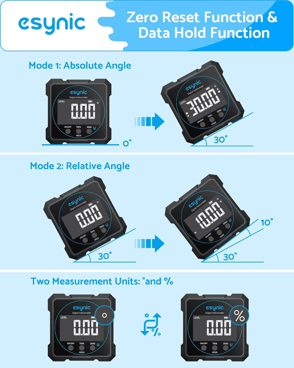 eSynic Digital Level Box - 4-Side Magnetic Digital Angle Gauge with 0.05° High Precision & Large LCD Display- Rechargeable IP54 Waterproof Inclinometer, Aluminum Frame for Woodworking/Construction
