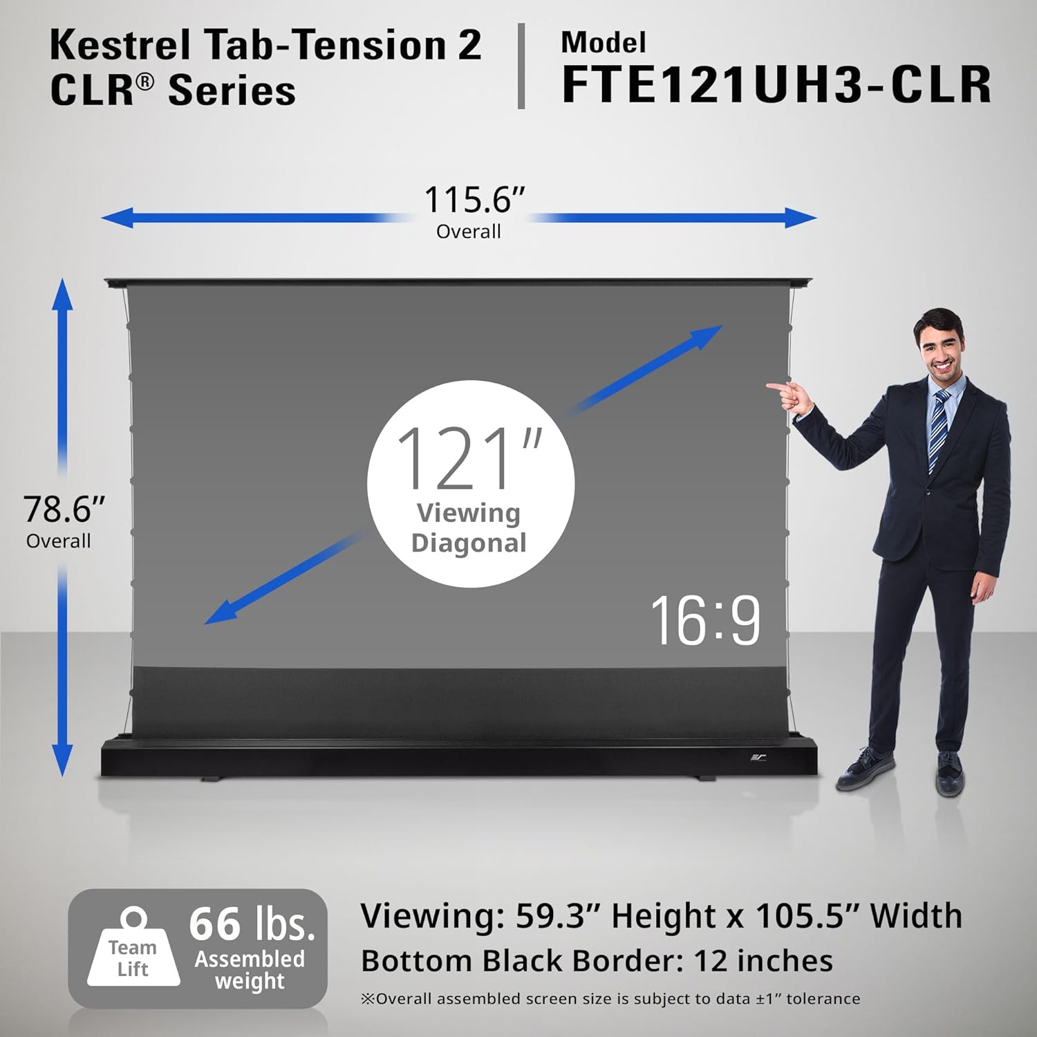 Elite Screens Kestrel Tab-Tension CLR, 121 inch 16:9, Ultra-Short Throw Ceiling Ambient Light Rejecting ALR Electric UST Floor-Rising Projection Motorized Front Projector Screen, FTE121UH3-CLR, Black