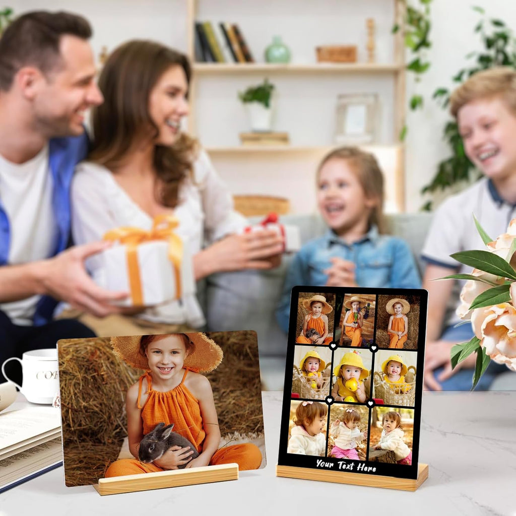 Custom Photo Prints - Metal Desktop Picture Frame with Photos Collage & Wooden Base Personalized Gifts for Family Friends Lovers and Pets, Optional Multiple Sizes