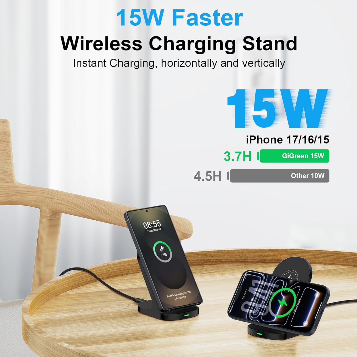 Samsung Wireless Phone Charger Stand for Android Samsung Galaxy S25 Ultra S25 FE S24 Plus Z Flip7 S23,Wireless Charging Station for Google Pixel 10/10 Pro XL/Fold/9a/9Pro/8/7,iPhone 17 16 with Adapter