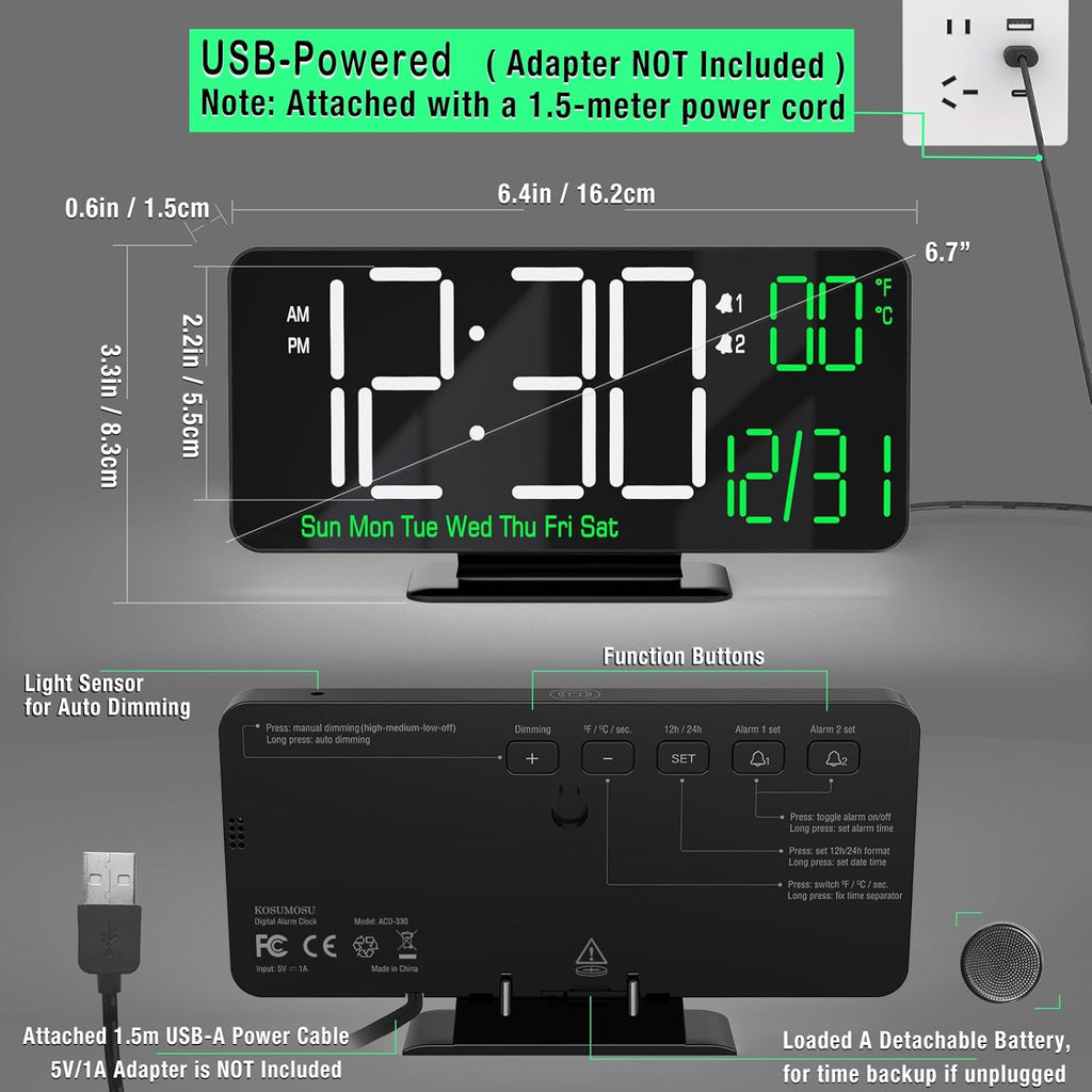 KOSUMOSU Digital Clock for Bedroom, 6.7in Black Alarm Clocks for Bedrooms,Auto Dimming, Date, Day of Week, Indoor Temperature,Digital Alarm Clock,Clocks for Living Room