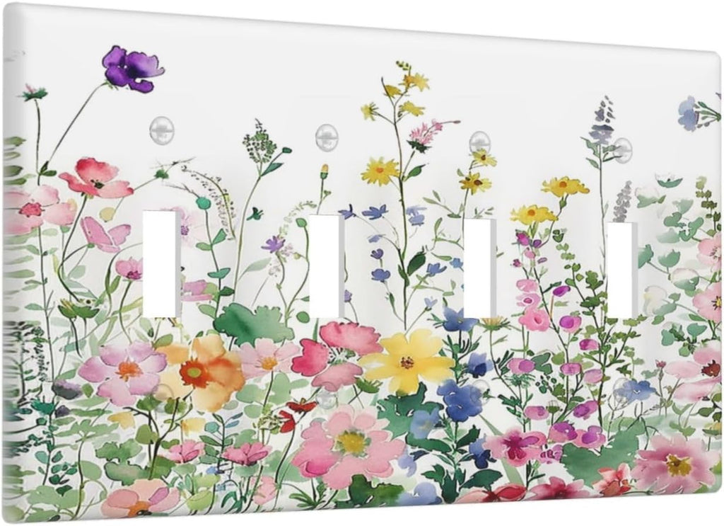 Light Switch Covers Boho Colorful Flowers Plant Rustic Wildflower Quad Toggle Electrical Faceplate 4 Gang Wall Plate Decorative Switch Plates for Bed Room Bathroom Decor